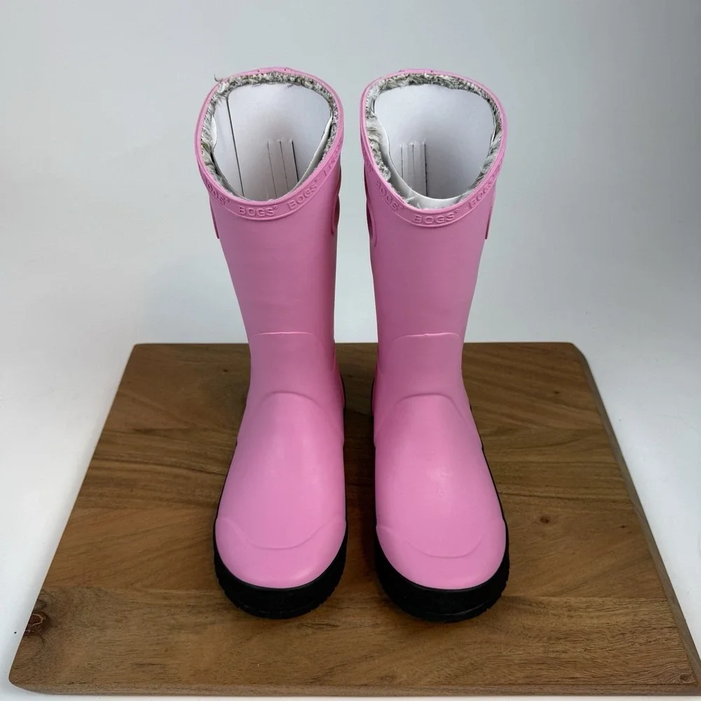 New NIB Big Kids Childrens Bogs Rainboot Plush Pink Waterproof‎ Boots Size 4 Y